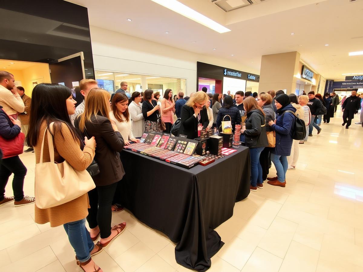 A crowd gathered around a specialty chocolate vendor